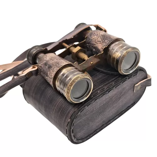 Binoclu decorativ Giftdeco BCL217, alamă și piele naturală, cu huse și curele