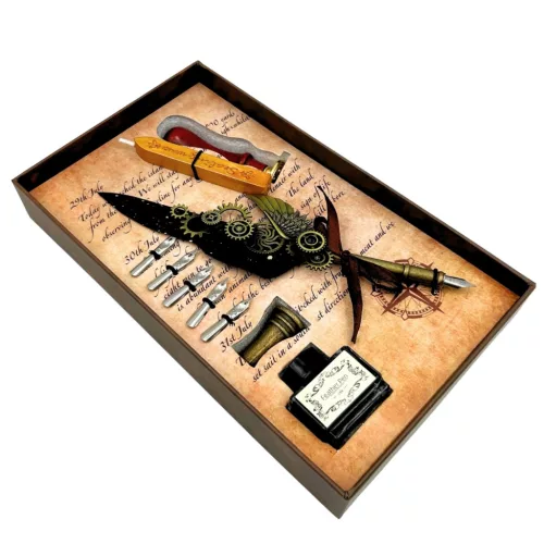 Set de caligrafie Giftdeco EE16, metal, lungime 22 cm, stil retro, clasic