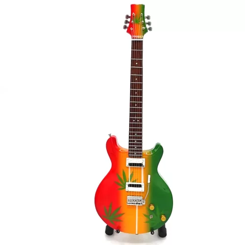 Miniatură chitara Indomini MGT-0468, Bob Marley Tribute Ganja, lemn de mahon, plastic și metal